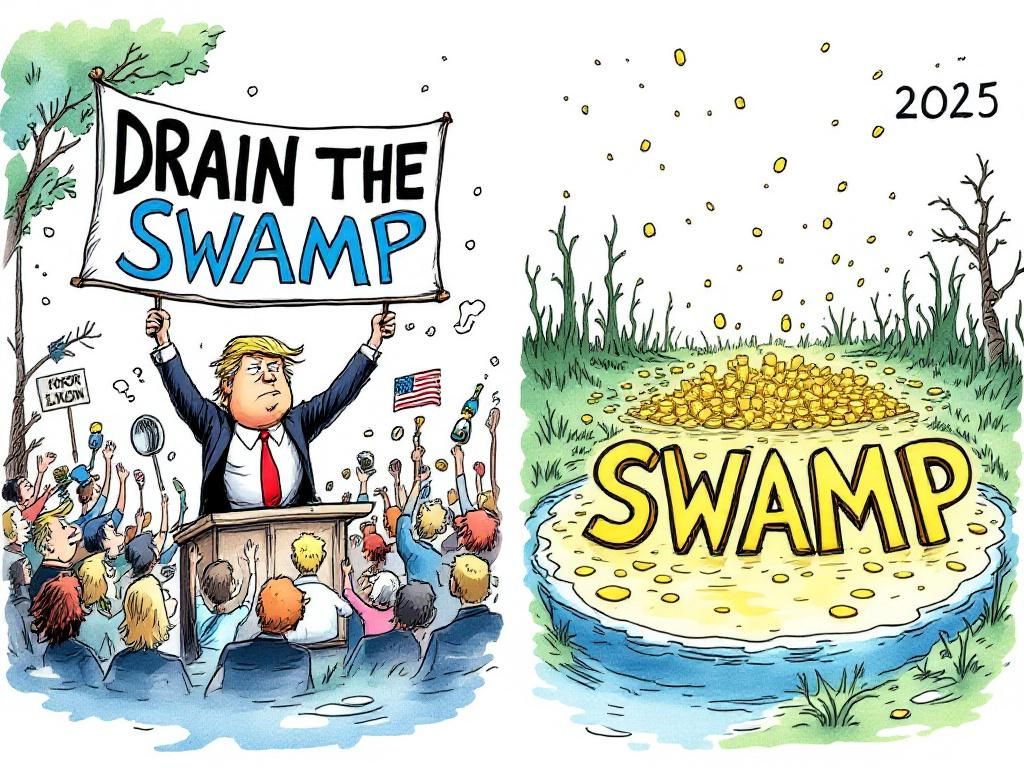Trumpy-Wumpy's 2016 Drain the Swamp promise compared to 2025 reality - the swamp filled with gold
