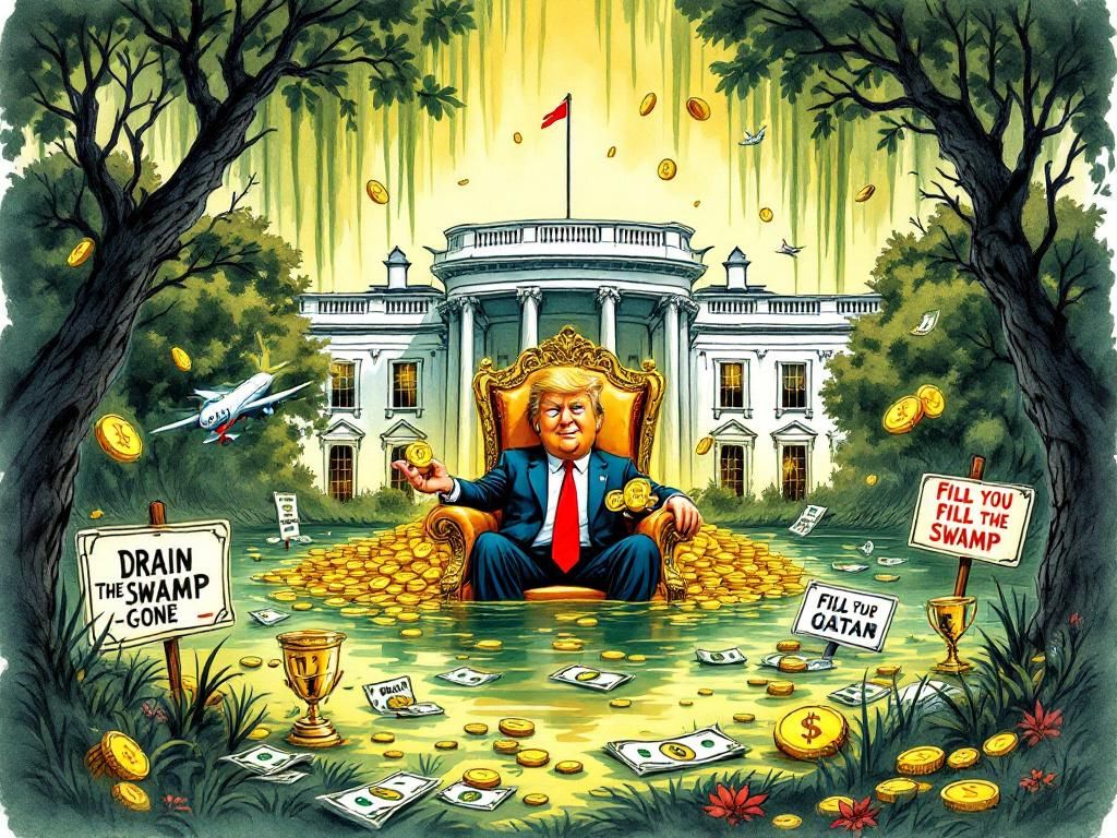 Trumpy-Wumpy on his throne in the golden swamp holding the Qatar airplane and Trump coins